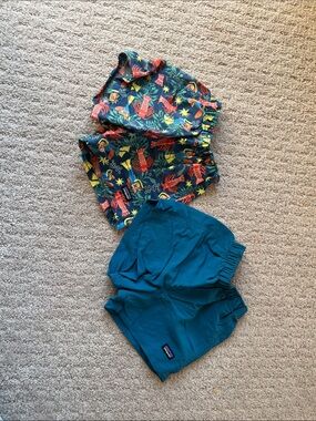 Patagonia Kids Swim Trunks Navy with Red, Yellow and Green Lobster Print
